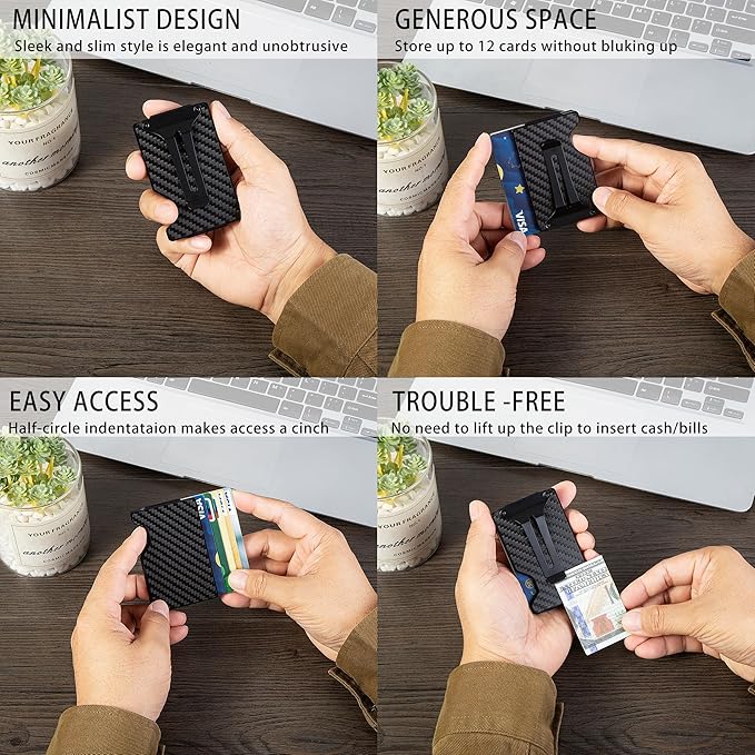 Minimalist Carbon Fiber Wallet for Men, Money Clip Cash Strap Wallet, RFID Blocking Metal Wallet Aluminum Card Holder,Front Pocket Wallet(Carbon Fiber)