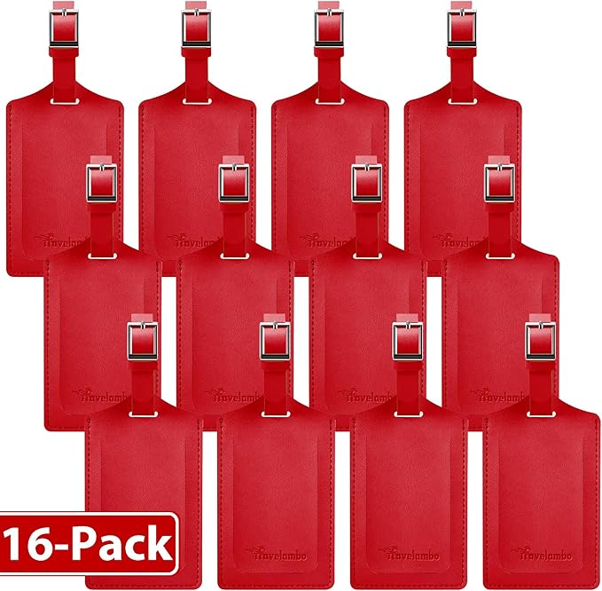Travelambo 16 Pack Luggage Tags for Suitcases Privacy Protection Bag Tags Faux Leather Travel Accessories Essential, Deep Red