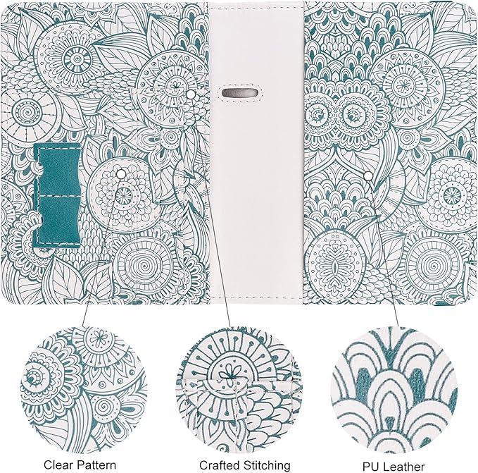 WALNEW Passport Holder for Travel, RFID Passport Cover Wallet for Women Men, PU Leather Passport Book Card Holder Case with Pen (Elastic Band Closure, D-Green Petals)