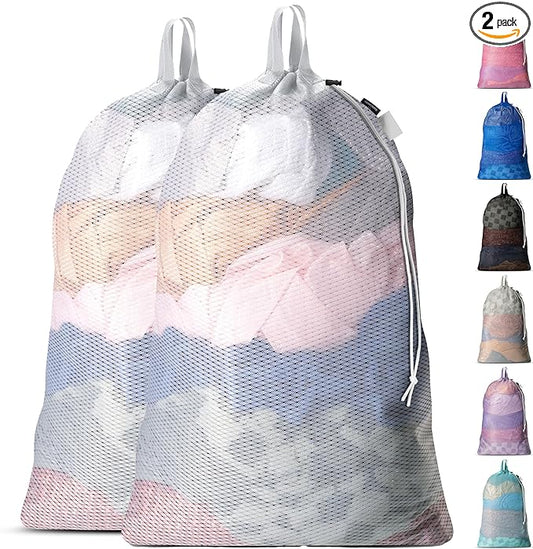 Handy Laundry Extra Large Mesh Laundry Bags 2-Pack – Heavy Duty, Machine Washable Laundry Bag with Handles & Shoulder Strap, Odor Resistant, for College Dorm, Travel, Bedding & Clothes Storage, White