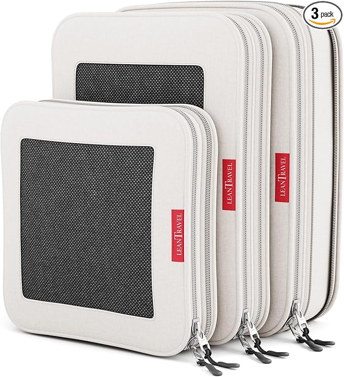 LeanTravel Premium Compression Packing Cubes for Travel - Luggage Organizers with Double Zipper - Sturdy Bags for Suitcase (3-Pack, Sand)
