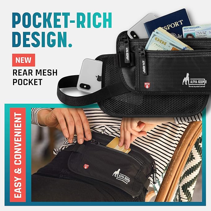 Alpha Keeper Money Belt for Travel Hidden Under Clothes – RFID Blocking Passport Holder & Slim Waist Wallet Pouch for Women & Men, Anti-Theft Travel Accessories
