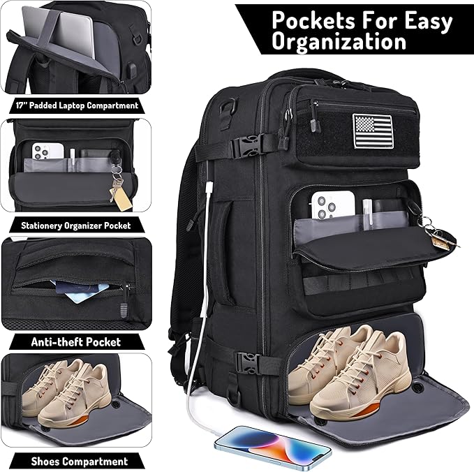MOZETO Travel Backpack for Men 40L TSA Approved Carry On Backpack with USB Charging Port Durable Water-resistant Convertible Duffle Luggage Bag Large Weekender Bag Daypack Fits 17.3 Inch Laptop