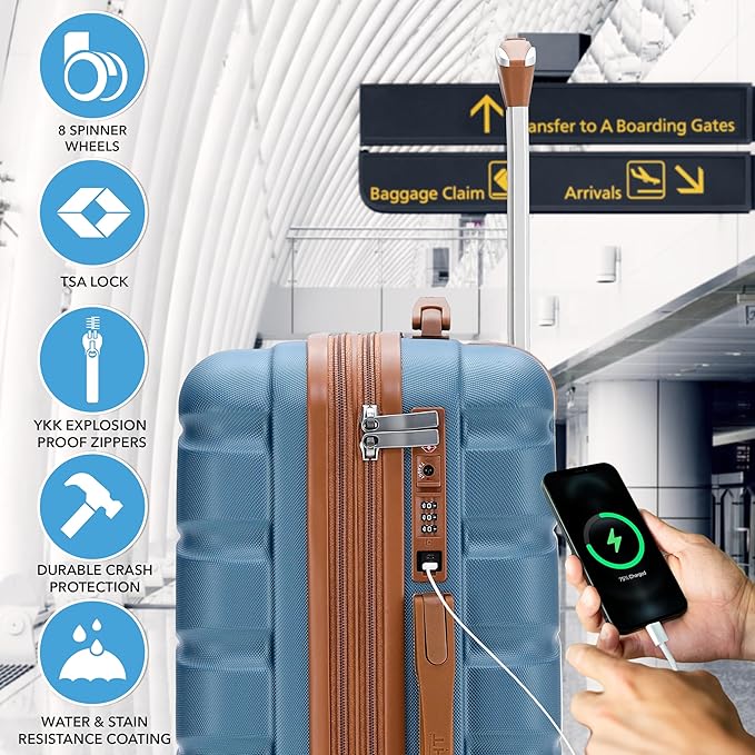 Flight Knight 22x14x9" Expandable Carry On Suitcase Hardside TSA Lock USB C Port Lightweight Luggage Silent Double Spinner Wheels Maximum Overhead Carry-On Bag For American & United Approved Airlines