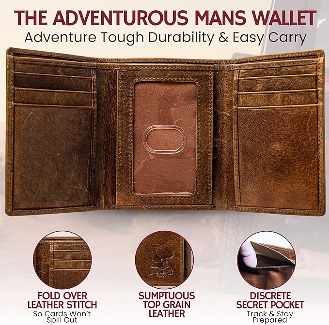 BULL GUARD Best Leather Men's RFID Trifold Wallet With ID Great Outdoor Wallet