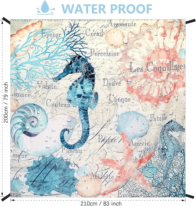 Beach Blanket Waterproof Sandproof Beach Mat for 1-8 Adults Quick Drying Durable Outdoor Picnic Mat for Beach Festival Travel Camping Hiking (Vintage-Seahorses, 79"×83"(4 Person))