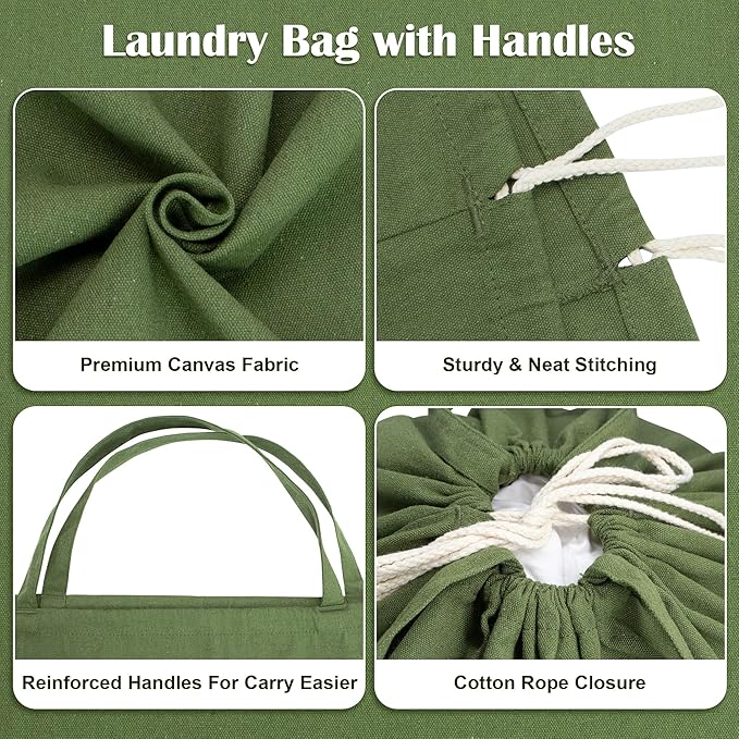 Canvas Laundry Bags with Handles & Rectangular Base, 20"Lx15"Wx27.6"H Extra Large Heavy Duty Laundry Basket Hamper Liner Replacement, Washable Cotton Drawstring Dirty Clothes Bag (Army Green)