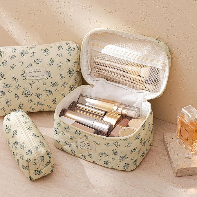 HBselect Quilted Makeup Bag, 3PCS Cotton Large Travel Makeup Bag, Cute Floral Coquette Make up Bag Cosmetic Bag Toiletry Bag for Women Girls