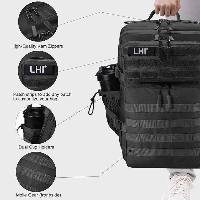 LHI Military Tactical Backpack for Men and Women 45L Army 3 Days Assault Pack Bag Large Rucksack with Shoe Compartment