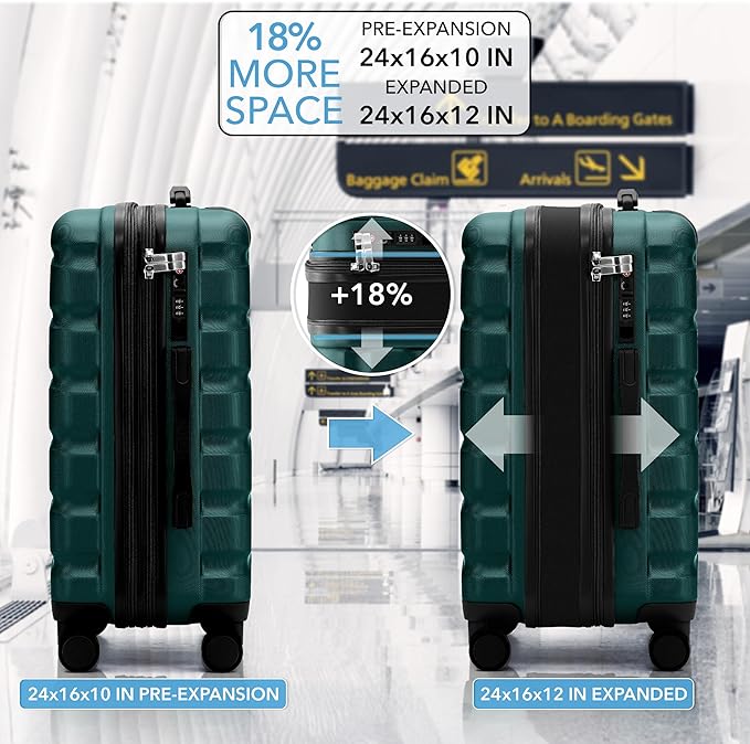 Flight Knight 24x16x10 Expandable Carry On Suitcase Hardside TSA Lock USB C Lightweight Luggage Silent Double Spinner Wheels Maximum Overhead Carry-On Bag Virgin South West Approved Forest Green