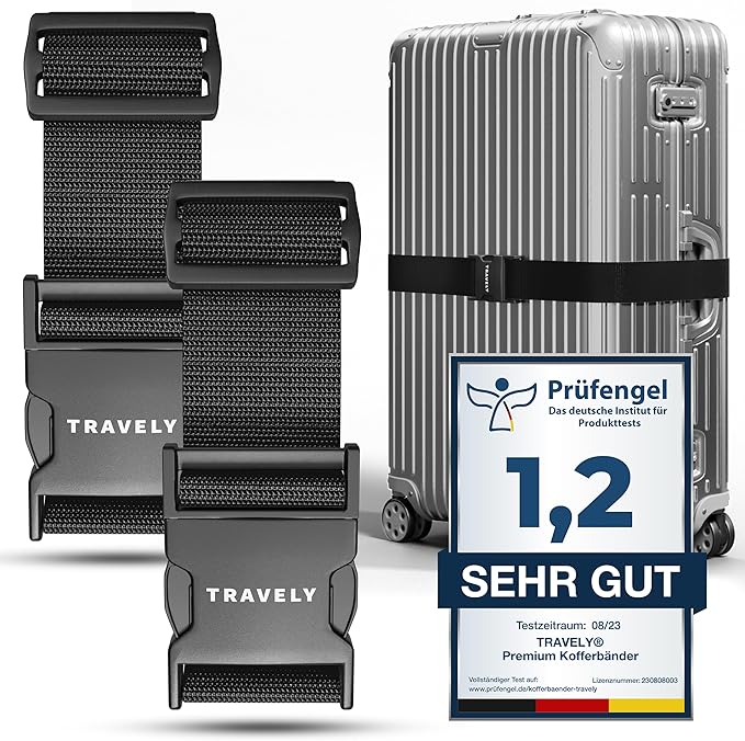 TRAVELY Luggage Straps - Particularly conspicuous & Secure - Incl. 2 Name Tags - Luggage Strap Ideal crosswise - [Set of 2]