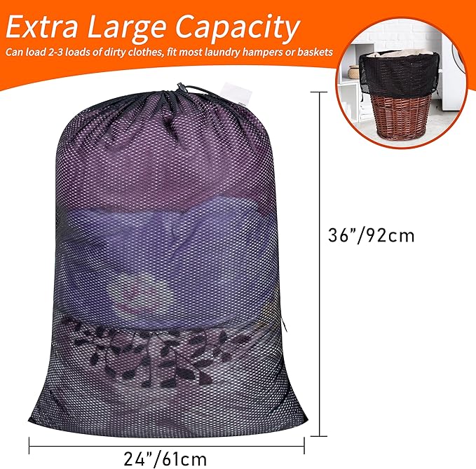 Polecasa Extra Heavy Duty Large Diamond Mesh Laundry Bags with Drawstring Closure & ID Tag, 2 Pack 24 x 36 inches Washable Storage Bag for College, Travel, Sports, Dorms, Black