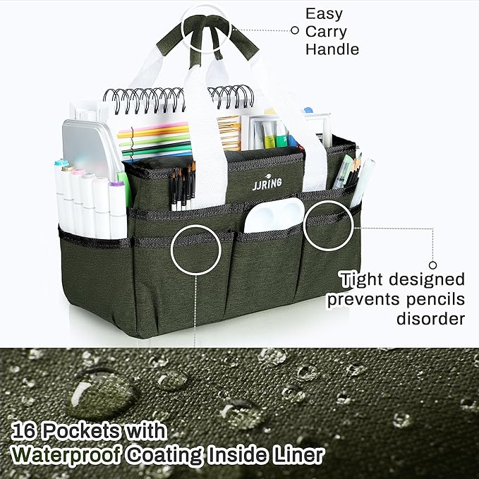 JJRING Craft Organizer Tote Bag, Art Storage Caddy with Multiple Pockets, Sap Green Sewing Bag for Art, Craft, Scrapbooking, Medical, and Office Supplies Storage