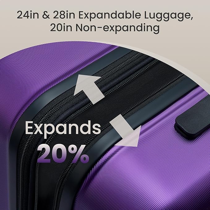 SHOWKOO Luggage Sets Expandable 100% PC Durable Suitcase Sets Double Wheels TSA Lock 4 Piece Luggage Set Purple