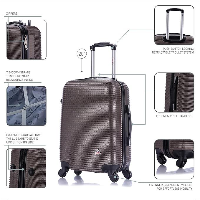 InUSA ROYAL Hardside Luggage with Ergonomic Handles | Spacious Travel Suitcase with Four Spinner Wheels and Studs | 20 Inch Hardside Carry-On Spinner Luggage | Brown