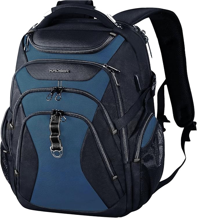 KROSER Travel Laptop Backpack 18.4 Inch XXXL Gaming Backpack with Hard Shell Saferoom RFID Pockets Water-Repellent Business College Daypack Stylish Laptop Bag for Men/Women-Black Haze Blue