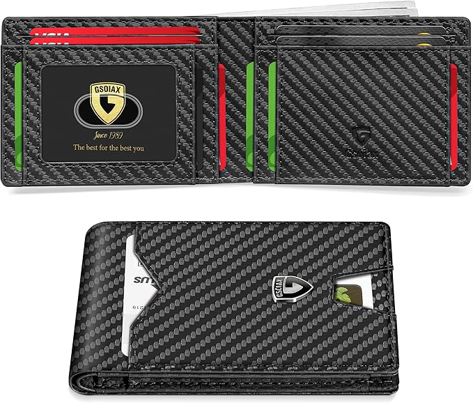 GSOIAX Slim Wallet for Men Rfid Blocking Leather Bifold Front Pocket Carbon Fiber Credit Card Holder Novelty Wallets With Gift Box (Carbon)