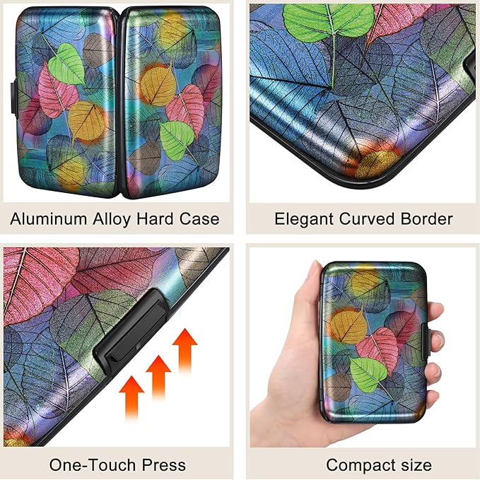 ELFISH Mini RFID Aluminum Wallet Credit Cards Holder Business Card Case Metal ID Case for Men Women（Colorful Leaves