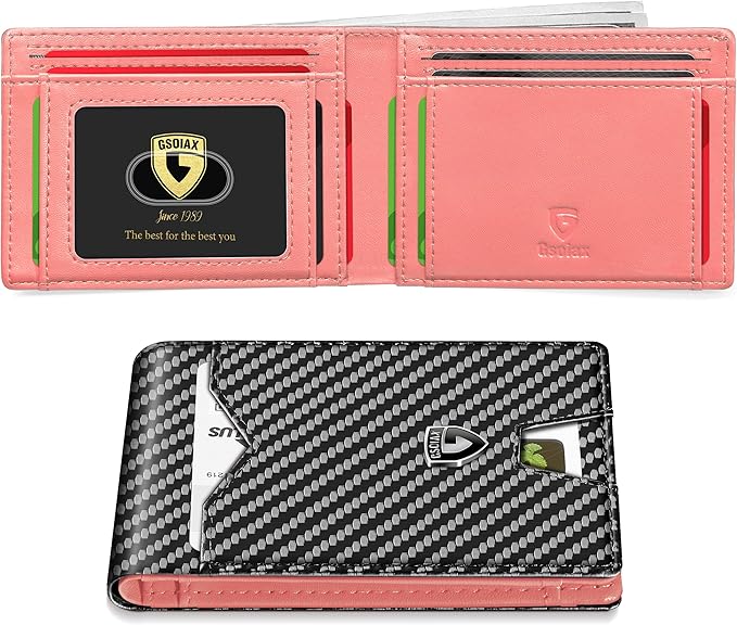 GSOIAX Slim Wallet for Men Rfid Blocking Leather Bifold Front Pocket Carbon Fiber Credit Card Holder Novelty Wallets With Gift Box (Pink and Carbon Black)