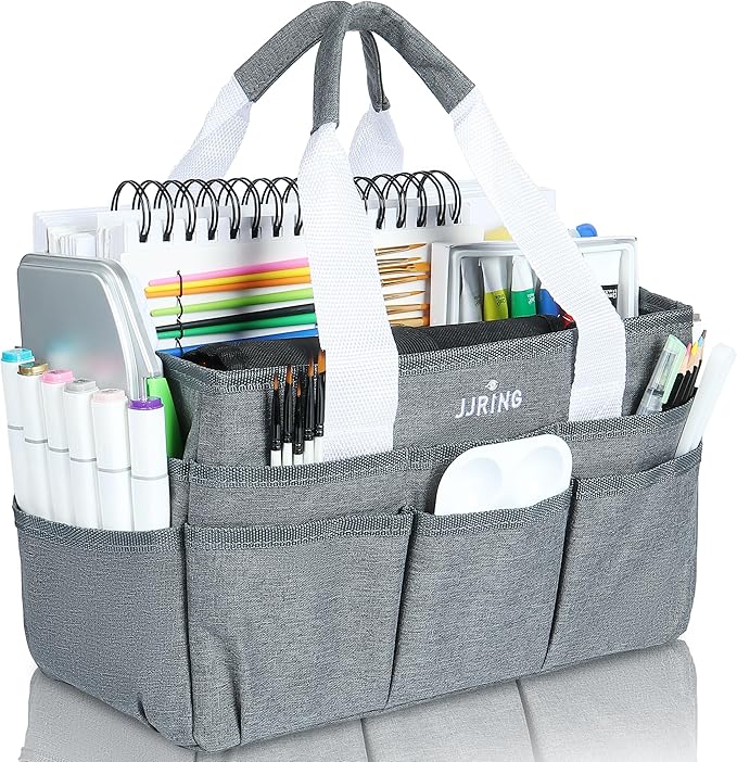 JJRING Craft Organizer Tote Bag, Art Storage Caddy with Multiple Pockets, Grey Sewing Bag for Art, Craft, Scrapbooking, Medical, and Office Supplies Storage