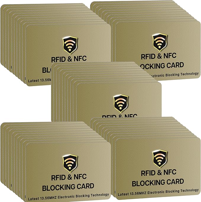 SaiTech IT RFID Blocking Cards, 50 Pack One Card Protects Entire Wallet Purse For Men & Women, NFC Contactless Bank Debit Credit Card Protector ID ATM Guard Card – Golden