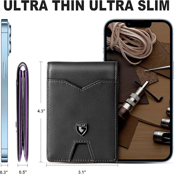 GSOIAX Slim Wallet for Men Rfid Blocking Leather Bifold Front Pocket Carbon Fiber Credit Card Holder Novelty Wallets With Gift Box (Black and Purple)