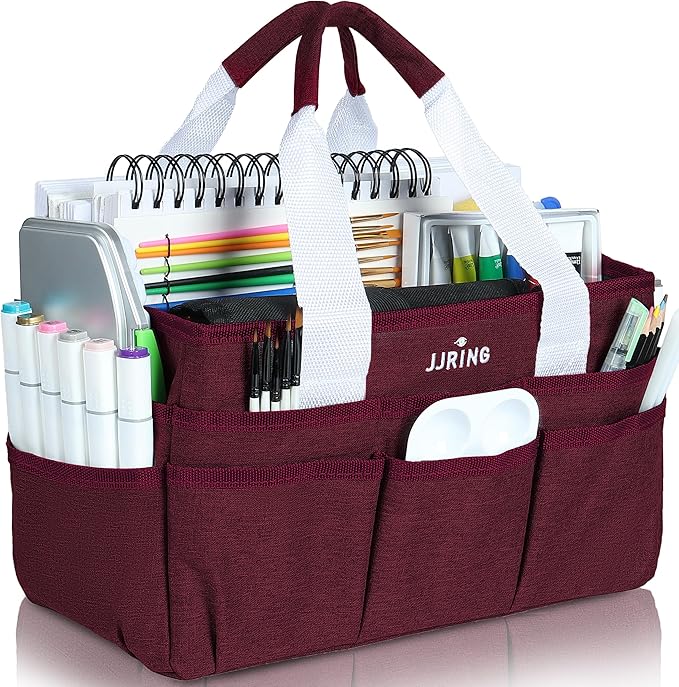 JJRING Craft Organizer Tote Bag, Art Storage Caddy with Multiple Pockets, Dark Red Sewing Bag for Art, Craft, Scrapbooking, School, Medical, and Office