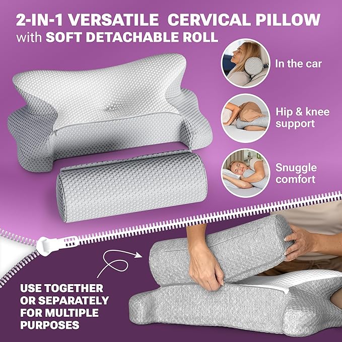 3-in-1 Orthopedic Pillow, Cervical Neck Pillow for Sleeping, Adjustable Height Memory Foam Neck Pillow and Detachable Roll, Contour Pillow for Neck Pain Relief for All Sleeping Positions (White)