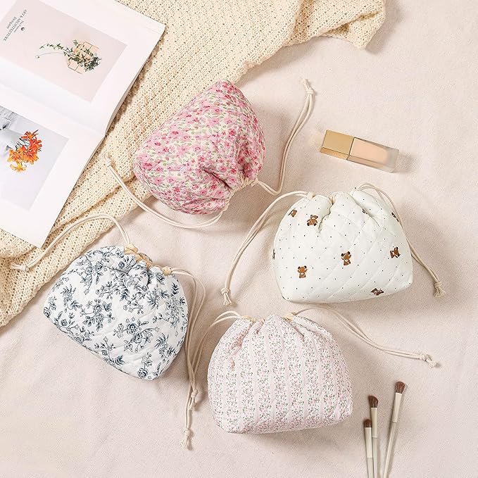 Cotton Quilted Drawstring Makeup Bag with Canvas Lining,Coquette Aesthetic Cute Travel Toiletry Bag,Drawstring Gift Bag for Women and Girls（18 Watercolor Pink Flower）