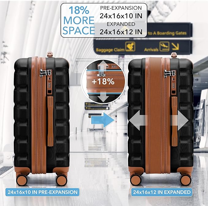 Flight Knight 24x16x10 Expandable Carry On Suitcase Hardside TSA Lock USB C Lightweight Luggage Silent Double Spinner Wheels Maximum Overhead Carry-On Bag For Virgin South West Approved Black/Tan