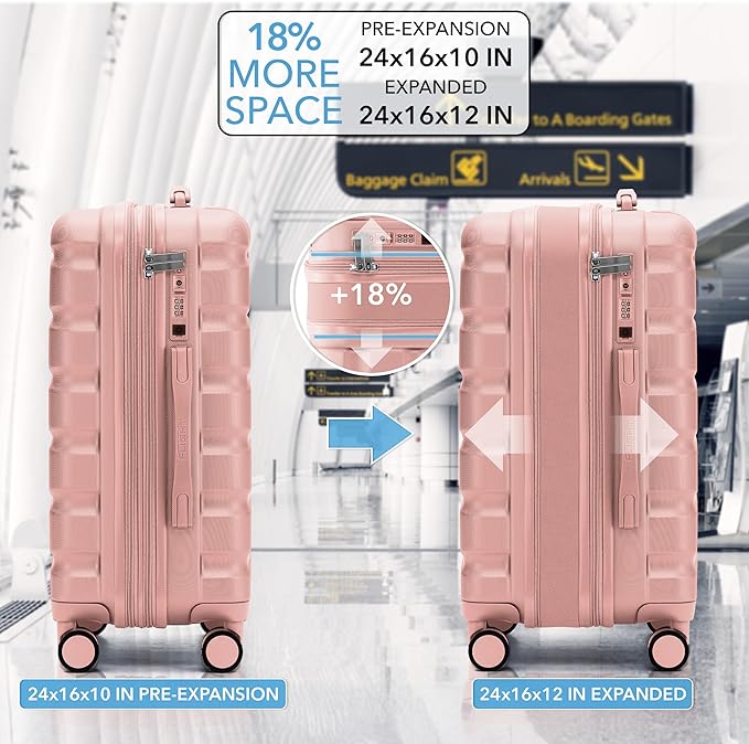 Flight Knight 24x16x10 Expandable Carry On Suitcase Hardside TSA Lock USB C Port Lightweight Luggage Silent Double Spinner Wheels Maximum Overhead Carry-On Bag For Virgin, South West Approved Pink