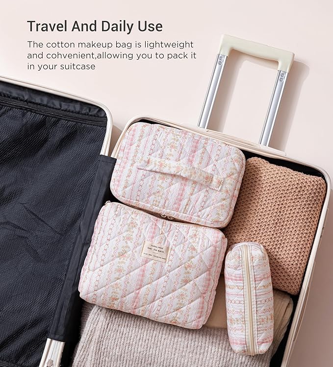 HBselect Quilted Makeup Bag, 3PCS Cotton Large Travel Makeup Bag, Cute Floral Coquette Make up Bag Cosmetic Bag Toiletry Bag for Women Girls