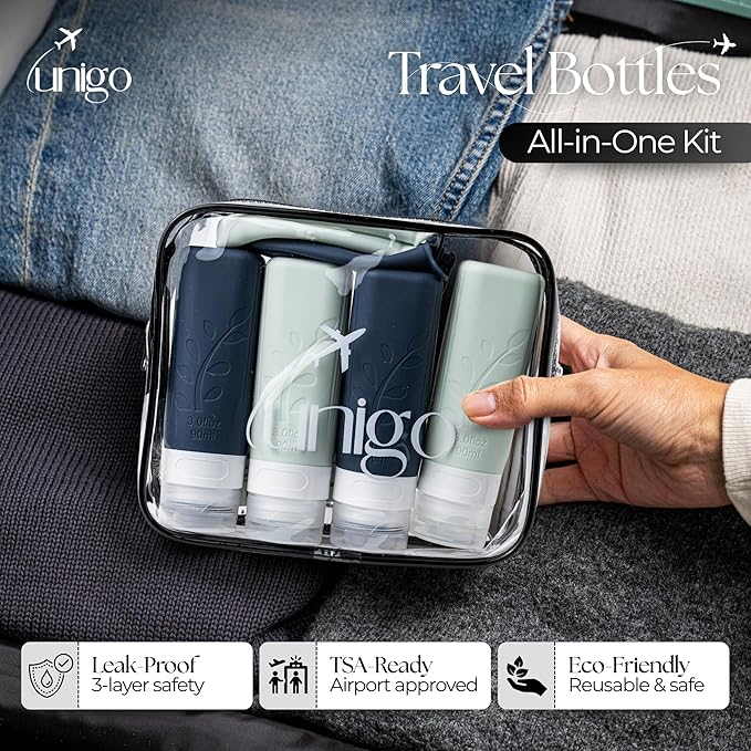 unigo Travel Bottles Set for Toiletries - Leakproof Refillable Travel Size Containers, TSA Approved Bottles with Labels, Brush & Covers for Carry-On Travel (White,Black)