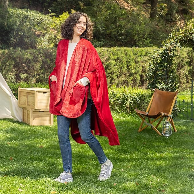 Berkshire Blanket Primalush™ Wearable Blanket, Cozy Loungewear Pocketed Plush Cape Wrap for Adults & Teens(Chili, One Size 58"X64")