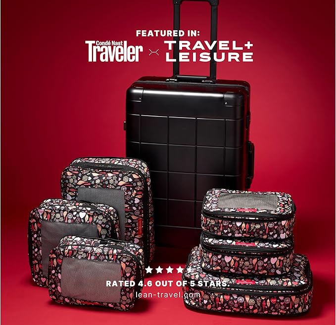 LeanTravel Premium Compression Packing Cubes for Travel - Suitcase Organizer Bags with Double Zipper & Breathable Mesh Panel - Space Saving Carry On Luggage Essentials (6-Pack, Flowers)