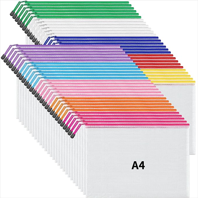 JARLINK A4 Letter Size 56 Pack 10 Colors Zipper Mesh Document Pouch, Mesh Bags for Board Games & Puzzles, Waterproof Document Zipper Pouches for Office School Supplies, Toys, Cosmetics Travel Storage
