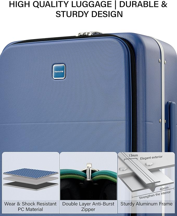 Hanke 28 Inch Top Opening Hard Shell Luggage, PC Aluminum Frame Extra Large Suitcase with Cup Holder, USB-C Charging Port, TSA Lock, 8 Silent Spinner Wheels& Removable Dividers,Interstellar Blue