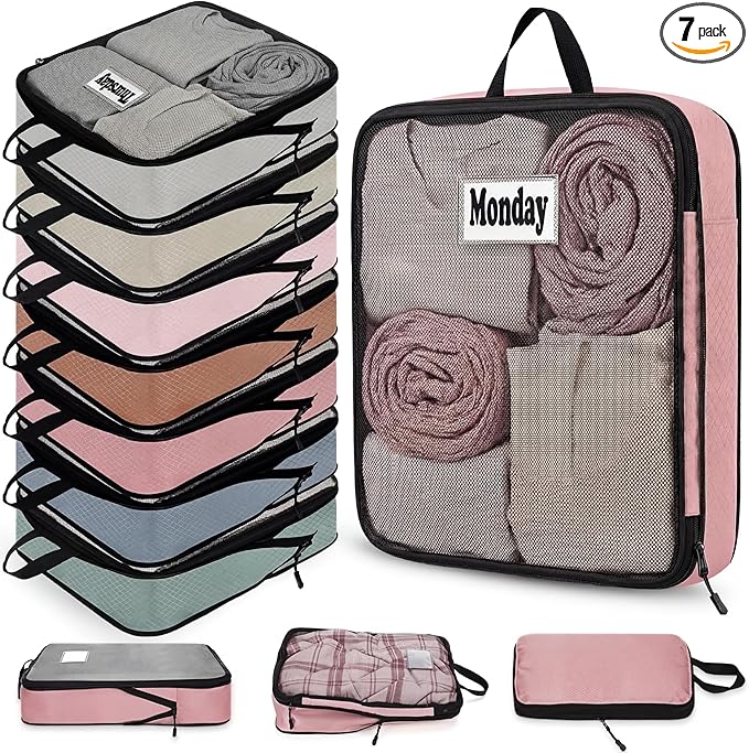 7 Pcs Packing Cubes for Travel Large Days of Week Compression Packing Cube with Labels Luggage Organizers Storage Bag(Vibrant Color)