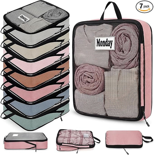 7 Pcs Packing Cubes for Travel Large Days of Week Compression Packing Cube with Labels Luggage Organizers Storage Bag(Vibrant Color)
