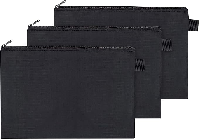 Black Nylon Zipper Organizer Pouch (9.5 x 6.5 Inch - Set of 3) for Travel Toiletries Cosmetics Cables Pens Office Supplies