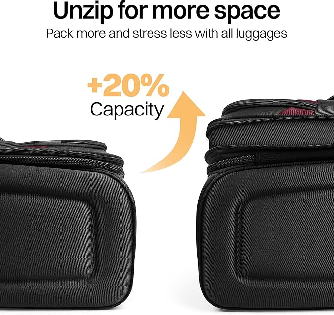 2-Piece Set Front Opening,Softside Luggage Sets w/Double Spinner Wheels Expandable Luggage,Lightweight Travel Luggage Rolling Suitcase w/LOCK（Black-Burgundy,20in/28in）