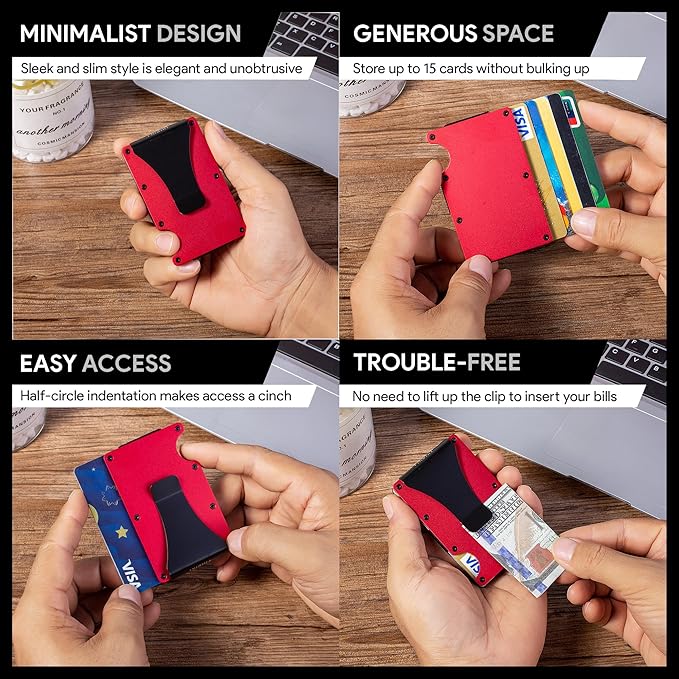 Carbon Fiber Minimalist Wallet for Men Credit Card Holder Money Clip & Cash Strap Slim RFID Mens Wallets(Matt Red)