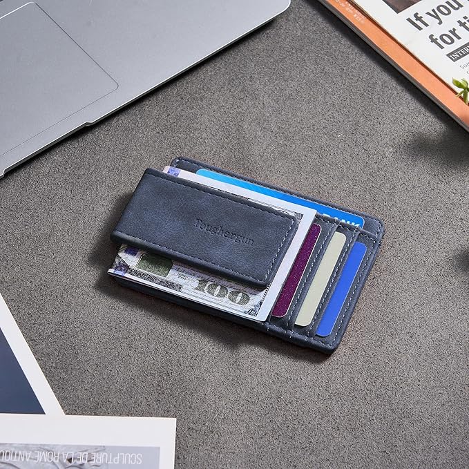 Toughergun Slim Wallet for Men RFID Blocking Money Clip, Minimalist Front Pocket Credit Card Holder, Magnetic Thin Mens Wallets with ID Window