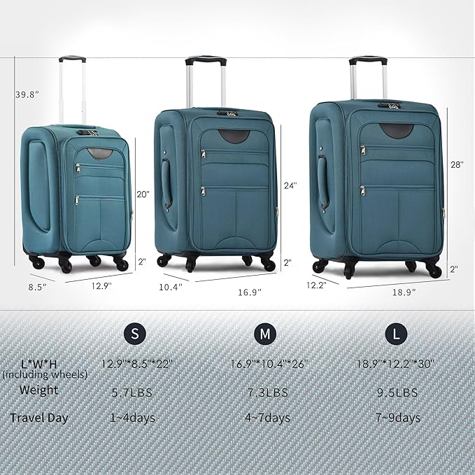 3 Piece Softshell Expandable Luggage Sets, Lightweight Travel Suitcase Set with TSA Lock and 360°Swivel Spinner Wheels, Durable Softside Luggage for Men Women, 22 in/26 in/30 in, Green