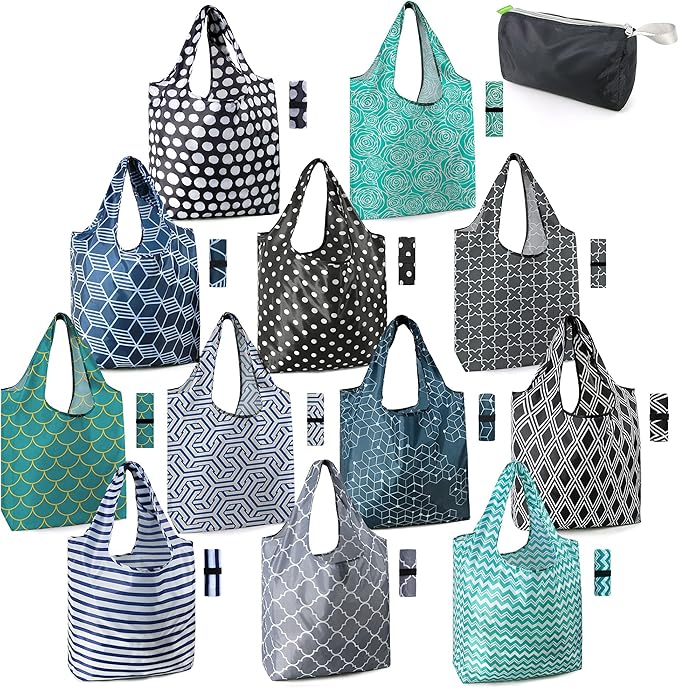 BeeGreen Reusable Grocery Bags Lightweight Durable Shopping Bags Washable Foldable 12 Pack Xlarge Classic Geometric Design Gift Tote Grocery Bags with Elastic Band and Separated Zipper Storage Pouch