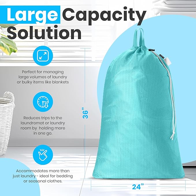 Large Mesh Laundry Bags - 2-Pack Heavy Duty with Handles & Drawstring - Machine Washable Net Laundry Sacks for College Dorm, Camp, Travel, Bedding & Clothes Storage (Teal)