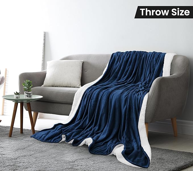 Utopia Bedding Sherpa Blanket Throw Size (Navy, 50x60 Inches) - Soft Lightweight Plush Fleece Reversible Blanket for Bed, Sofa, Couch, Camping and Travel