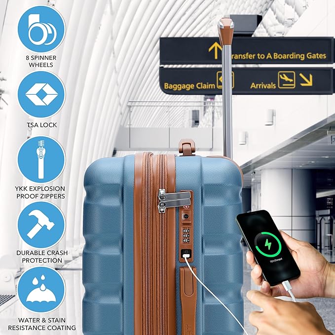 Flight Knight 24x16x10 Expandable Carry On Suitcase Hardside TSA Lock USB C Lightweight Luggage Silent Double Spinner Wheels Maximum Overhead Carry-On Bag For Virgin South West Approved Blue/Tan