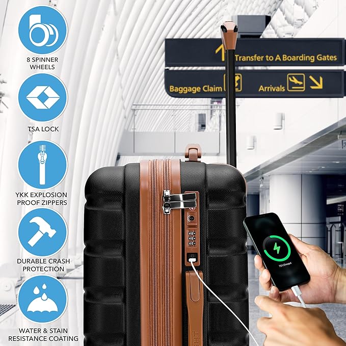 Flight Knight 22x14x9 Expandable Carry On Suitcase Hardside TSA Lock USB C Port Lightweight Luggage Silent Double Spinner Wheels Maximum Overhead Carry-On Bag American United Approved Black/Tan
