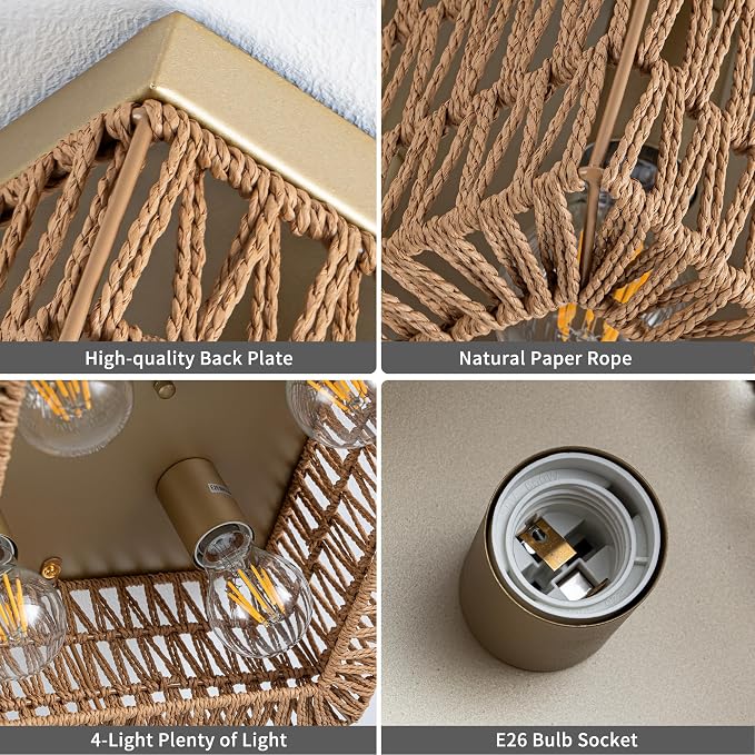 Rpzloila Rattan Ceiling Light, 4-Light Boho Light Fixture, Square Flush Mount Ceiling Light for Bedroom, Hallway, Entryway, Kitchen, Living Room